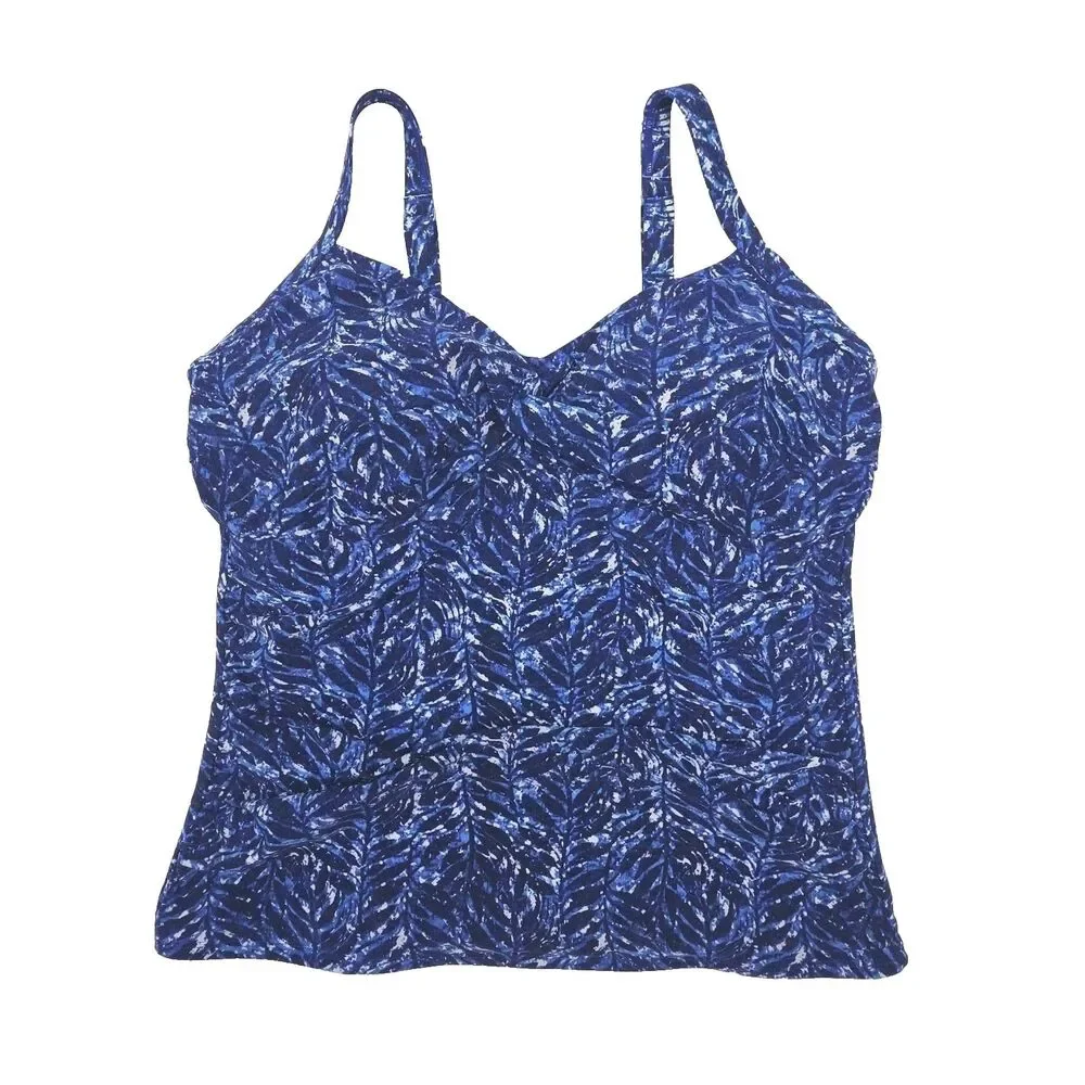 LL Bean Swim Top Tankini Women Sz 18 Padded Bra Blue White Adjustable UPF 50+